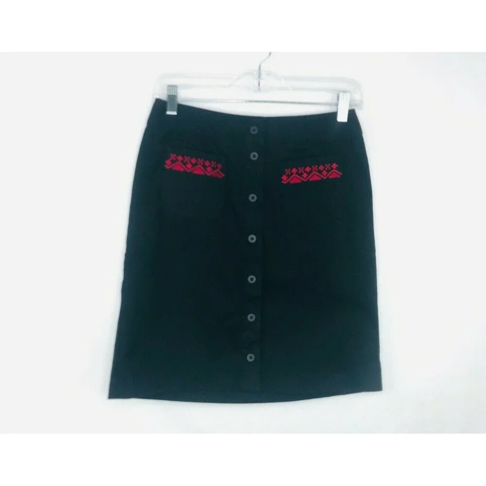 Ann Taylor Loft Skirt Women Size 4 Blue A-Line Button Front Red Embroidery